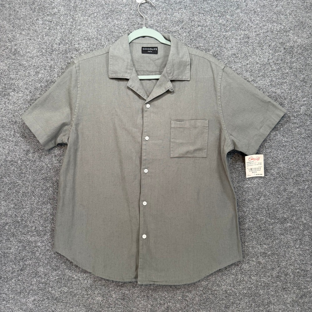 Goodlife Camp Collar Linen Shirt Mens Medium Green Short Sleeve Button Down NEW